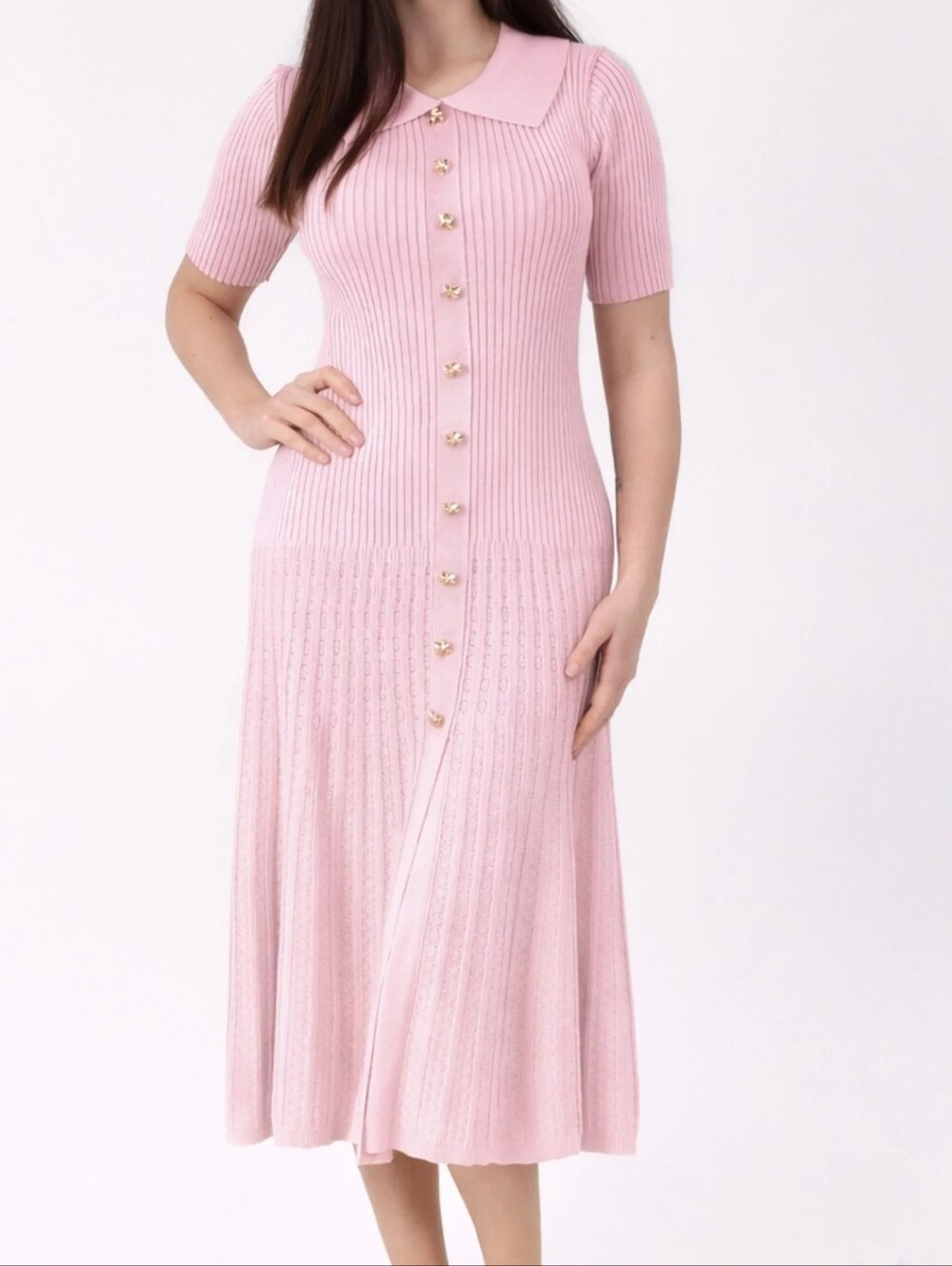 Boutique -Ribbed Knit Maxi Dress with Gold Buttons - Soft Pink